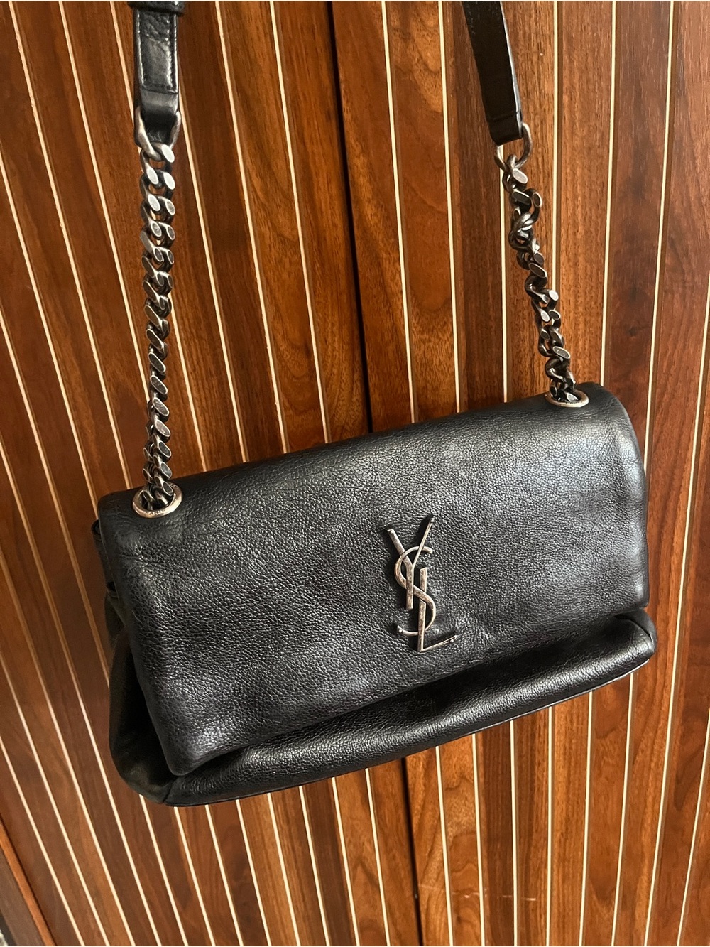 Saint Laurent Black Leather Shoulder Bag with Silver Hardware